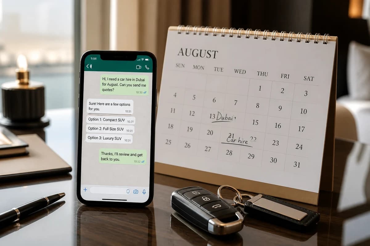 Dubai car hire August planning with WhatsApp quote and calendar for better summer luxury rental rates