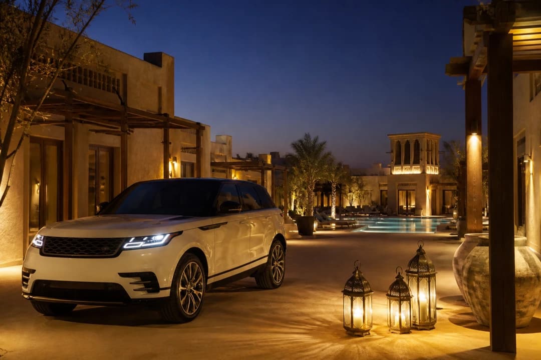 Range Rover at a desert resort driveway after sunset for supercar rental Dubai guests who actually need an SUV week