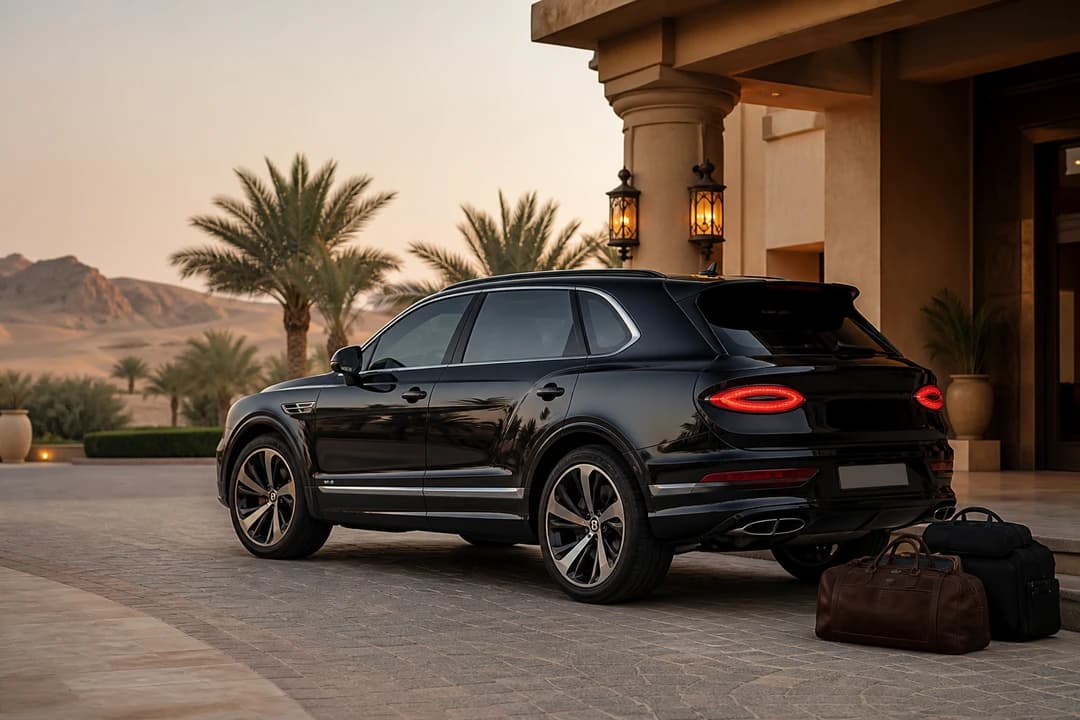 Bentley Bentayga at a UAE desert resort forecourt for luxury car comparison Dubai resort arrivals