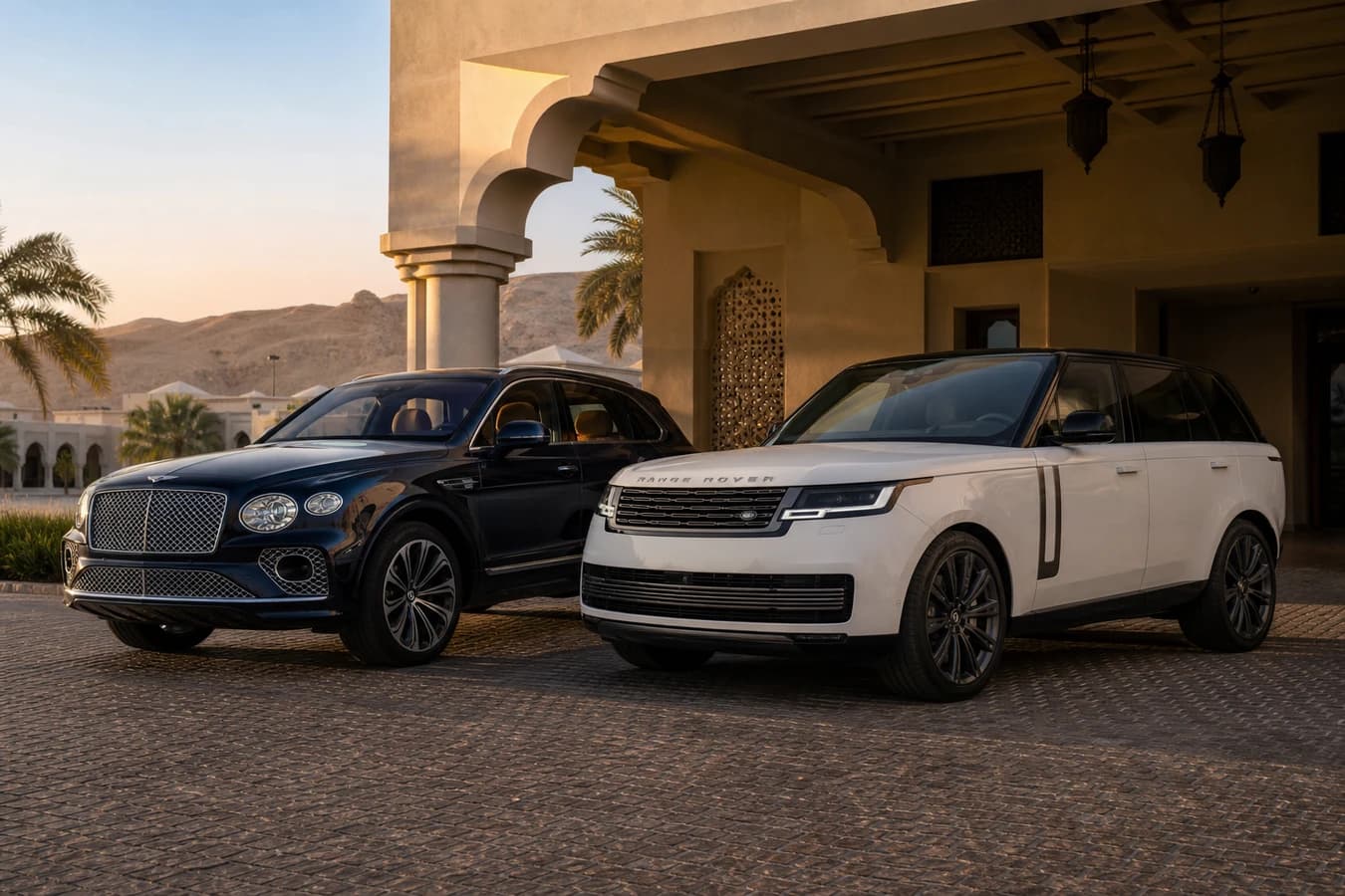 Bentley Bentayga vs Range Rover Vogue Dubai: both British luxury SUVs at a desert resort porte-cochère at golden hour
