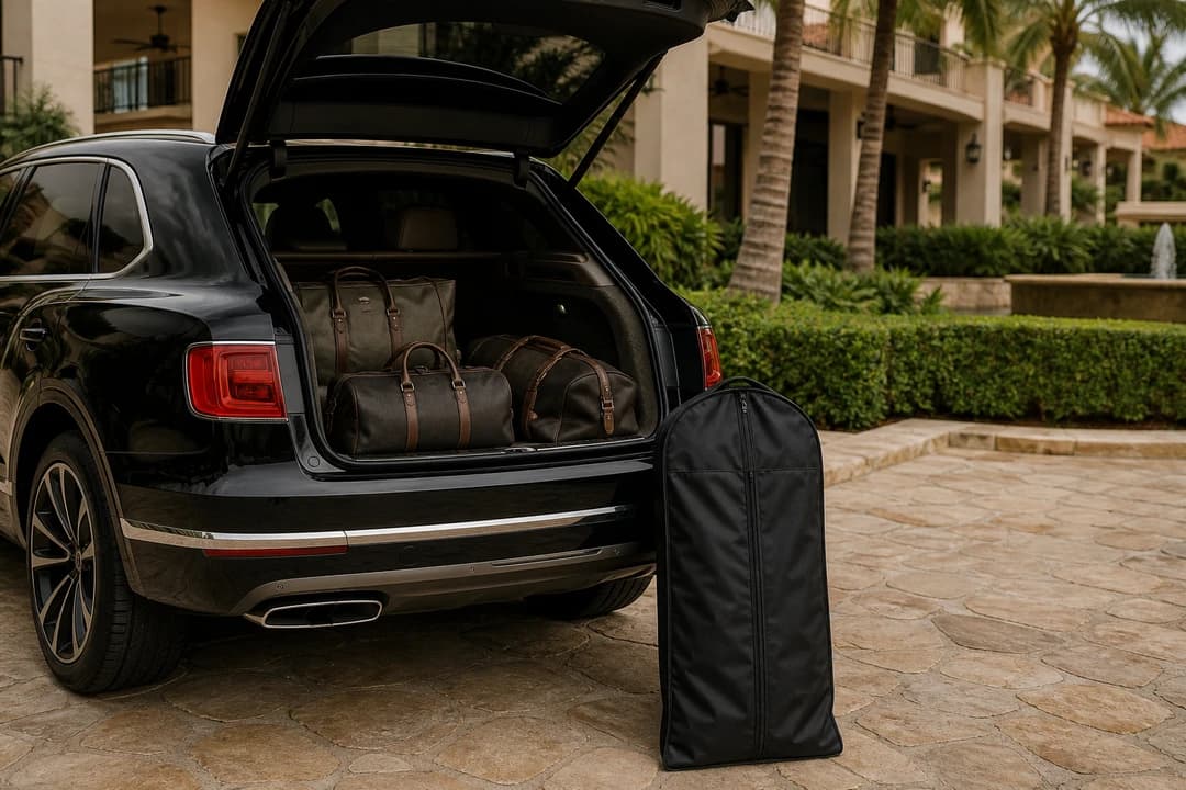 Bentayga open tailgate with soft luxury cases for luxury car hire Dubai packing at a resort driveway