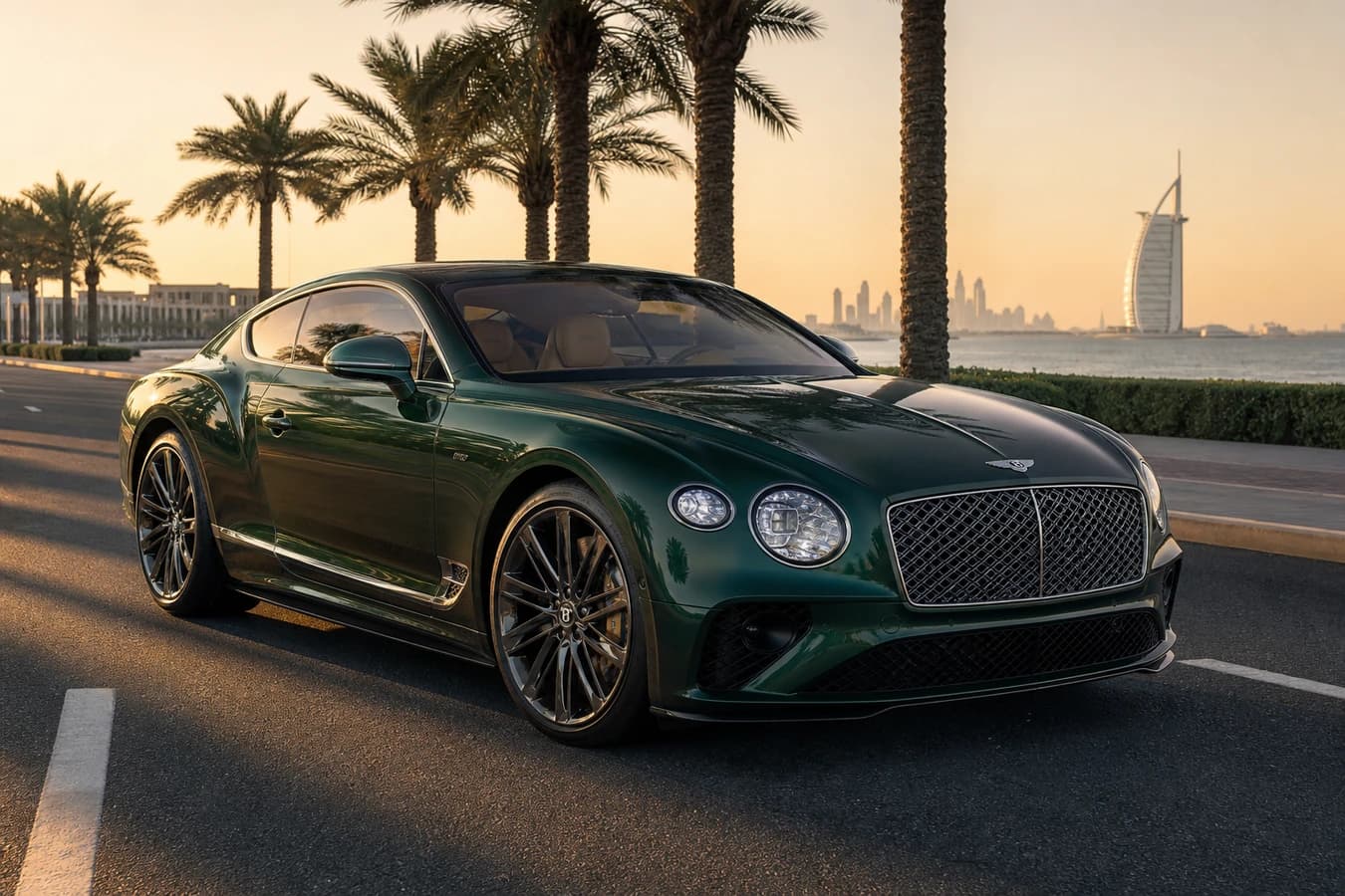 Bentley Continental GT rental Dubai hero with a British racing green Continental GT Speed on Jumeirah Beach Road at dawn
