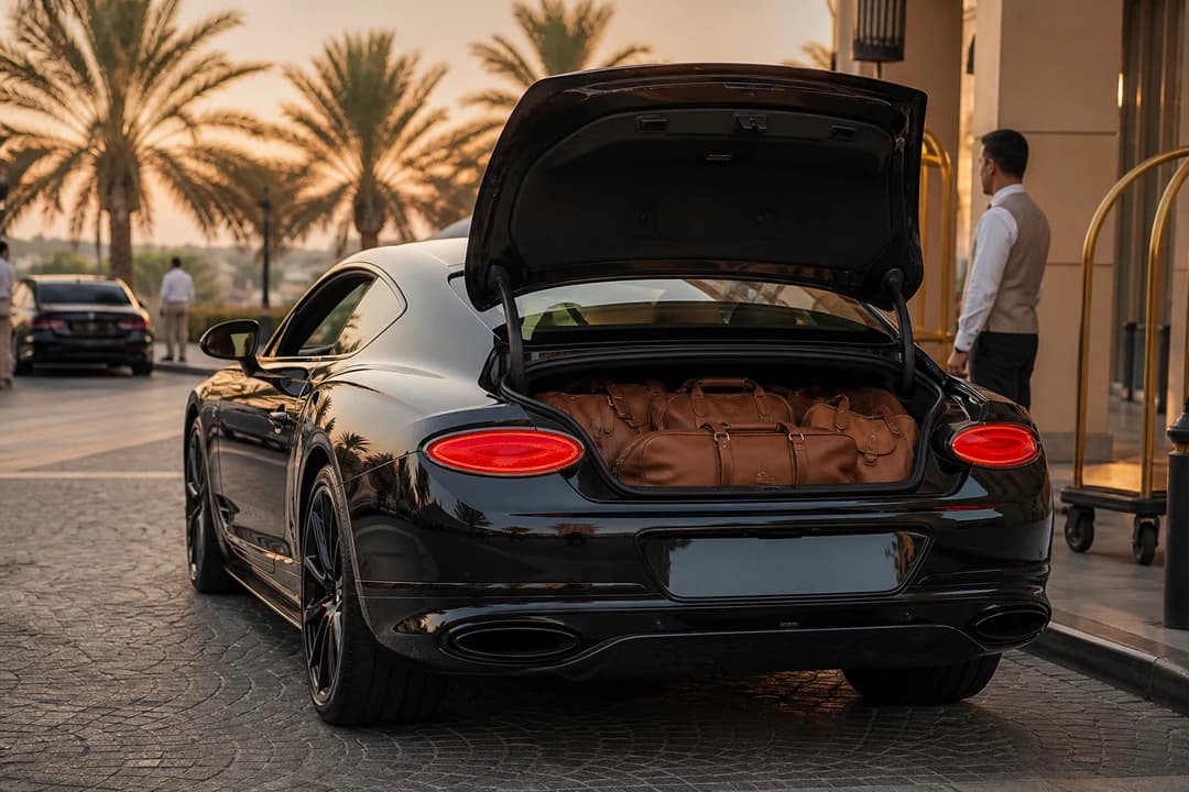 Continental GT boot packed with soft cabin bags at a Dubai hotel for luxury car rental Dubai packing