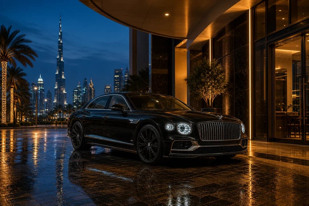 Bentley Flying Spur at a Downtown Dubai hotel porte-cochère at blue hour for exotic car rental Dubai arrivals