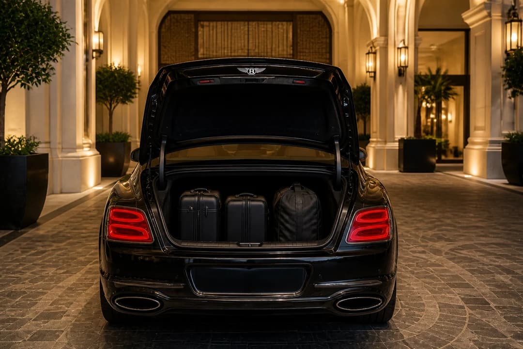 Flying Spur boot packed with soft roller bags at a Dubai hotel valet for luxury car rental Dubai packing
