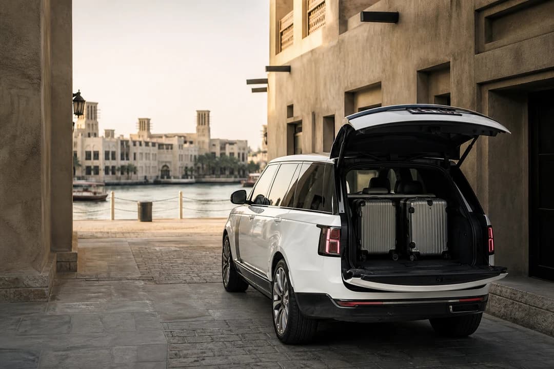 Dubai car delivery: Range Rover tailgate with hard cases at a Deira creek hotel porte-cochère