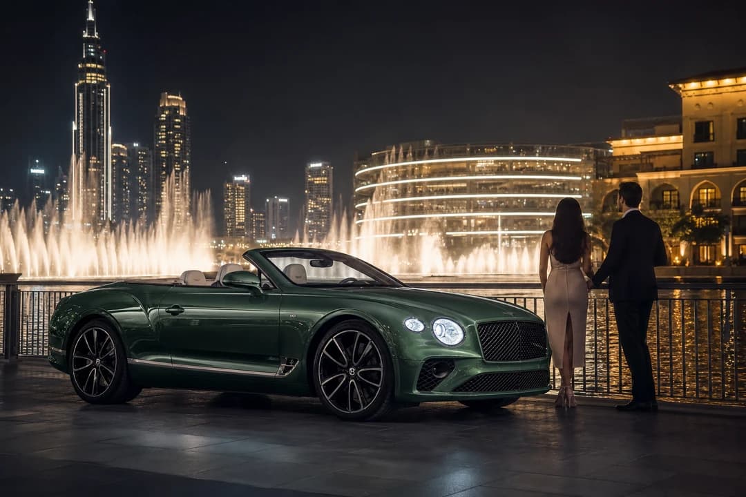 Bentley Continental GTC Speed convertible at a Downtown Dubai waterfront evening setting