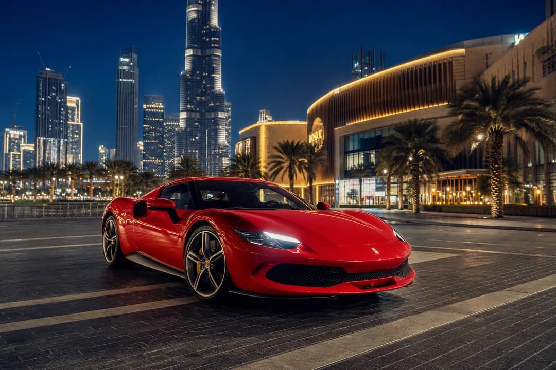Ferrari 296 GTB exterior for supercar delivery Downtown Dubai and skyline dinners