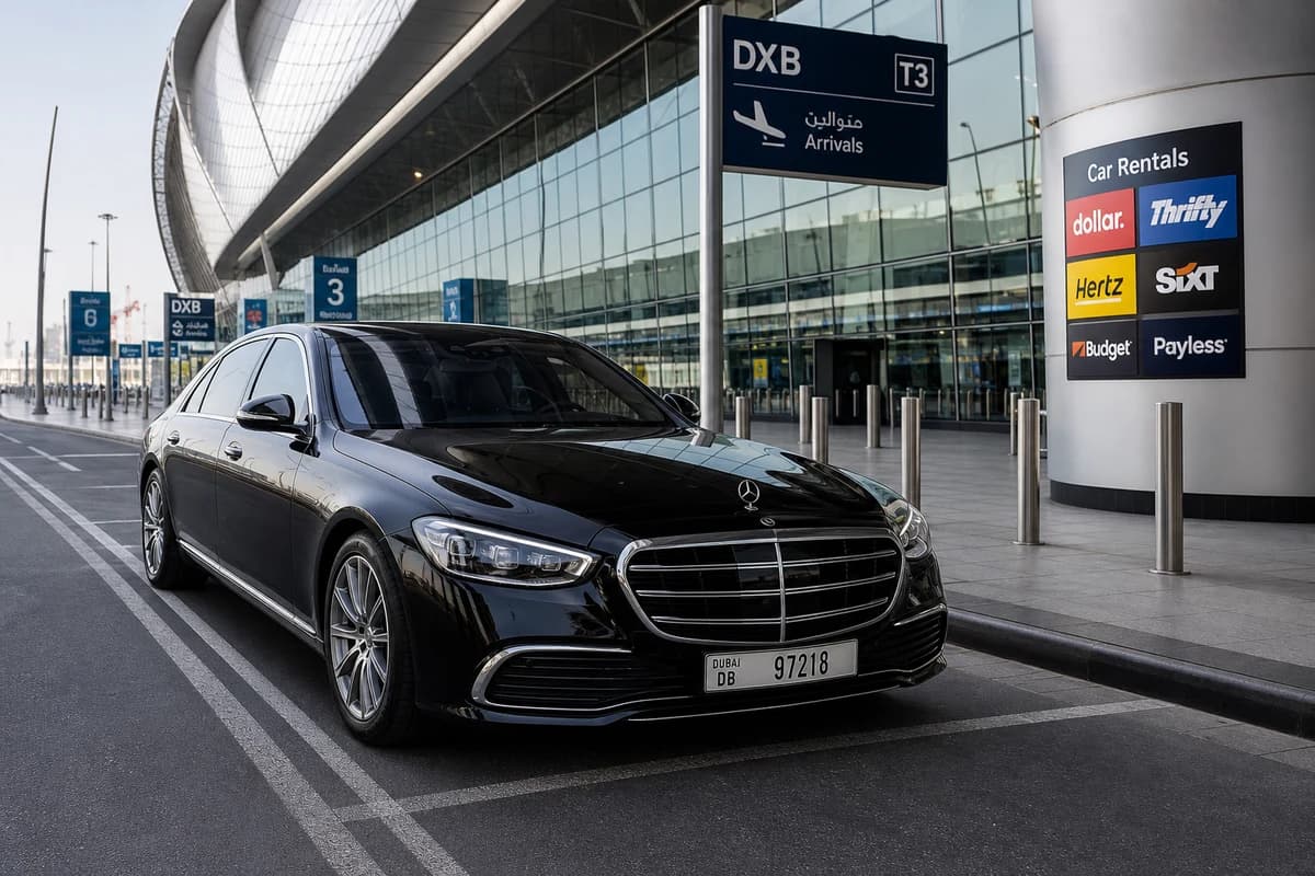 Executive sedan at DXB luxury car handover curbside for Dubai Airport car rental guide business arrivals