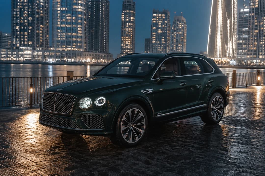 Bentley Bentayga on the Dubai Creek Harbour boardwalk for waterfront drives at blue hour