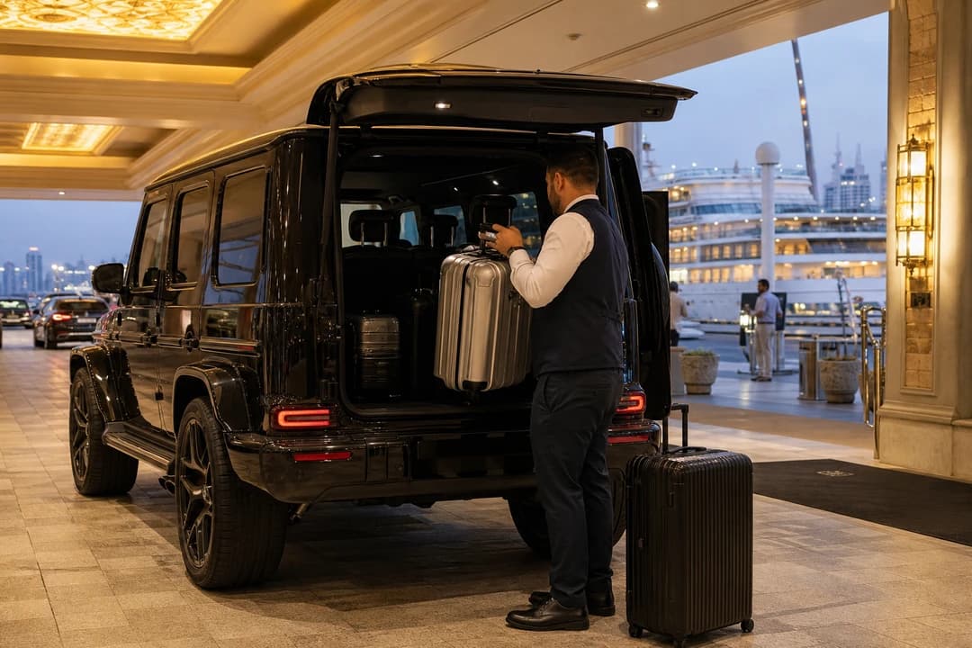 Mercedes-Benz G63 with luggage at a hotel porte-cochère for Dubai car delivery before a cruise embarkation