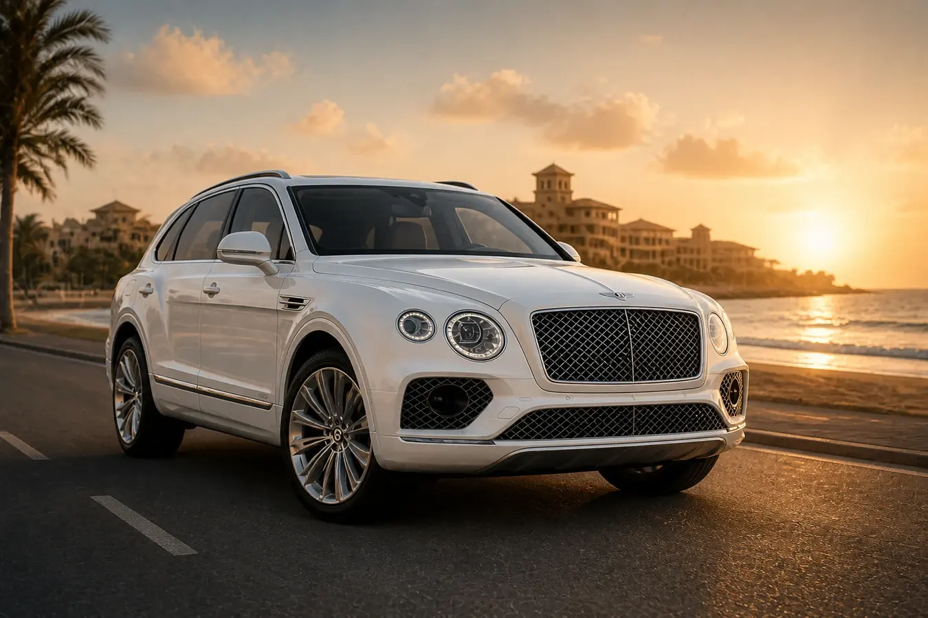 Best car to rent in Jumeirah Dubai hero with a Bentley Bentayga on Jumeirah Beach Road at golden hour