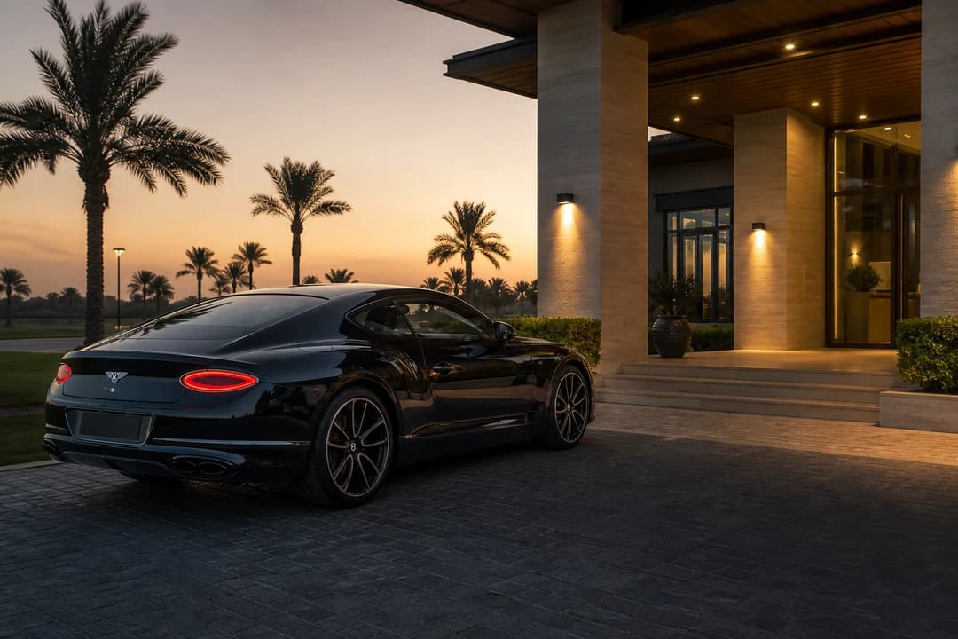Bentley Continental GT at a Dubai golf clubhouse entrance at dusk for UAE road trip rental dinner plans without clubs