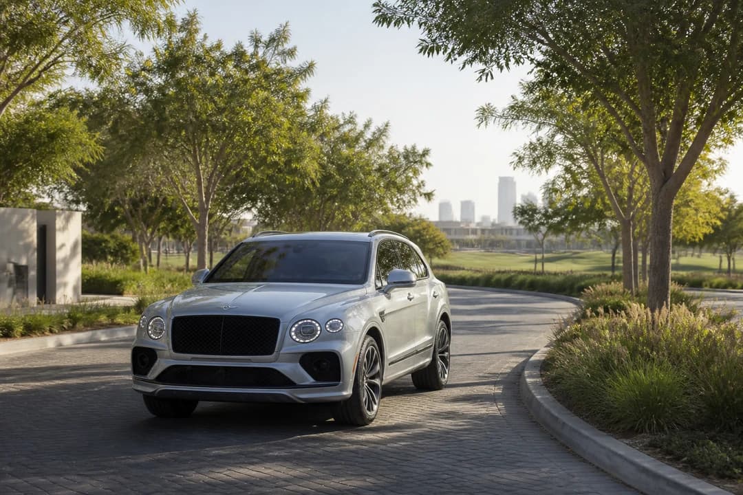 Bentley Bentayga on a Dubai Hills golf community road for luxury car rental Dubai villa-to-club hops
