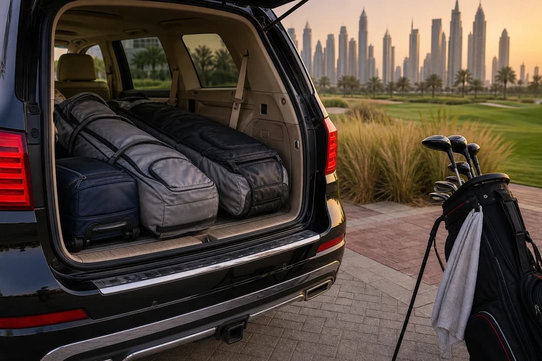 Luxury SUV boot packed with soft golf travel bags for Dubai car delivery before a tee time
