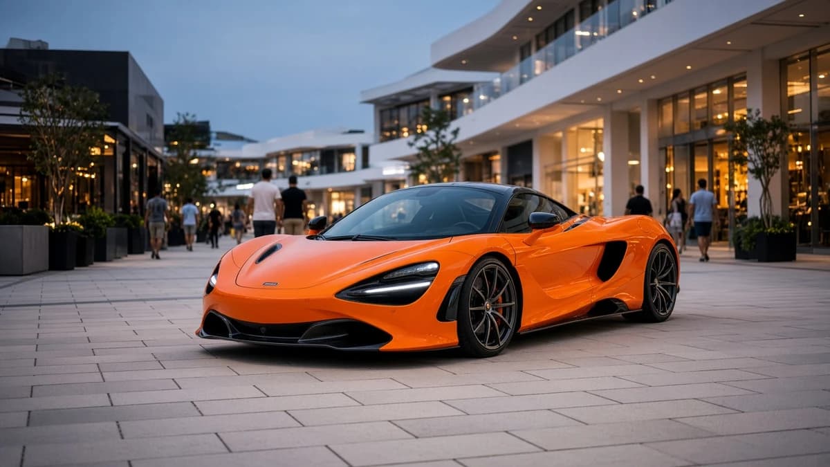 Yellow McLaren supercar at City Walk Dubai plaza for weekend supercar rental City Walk evening plans