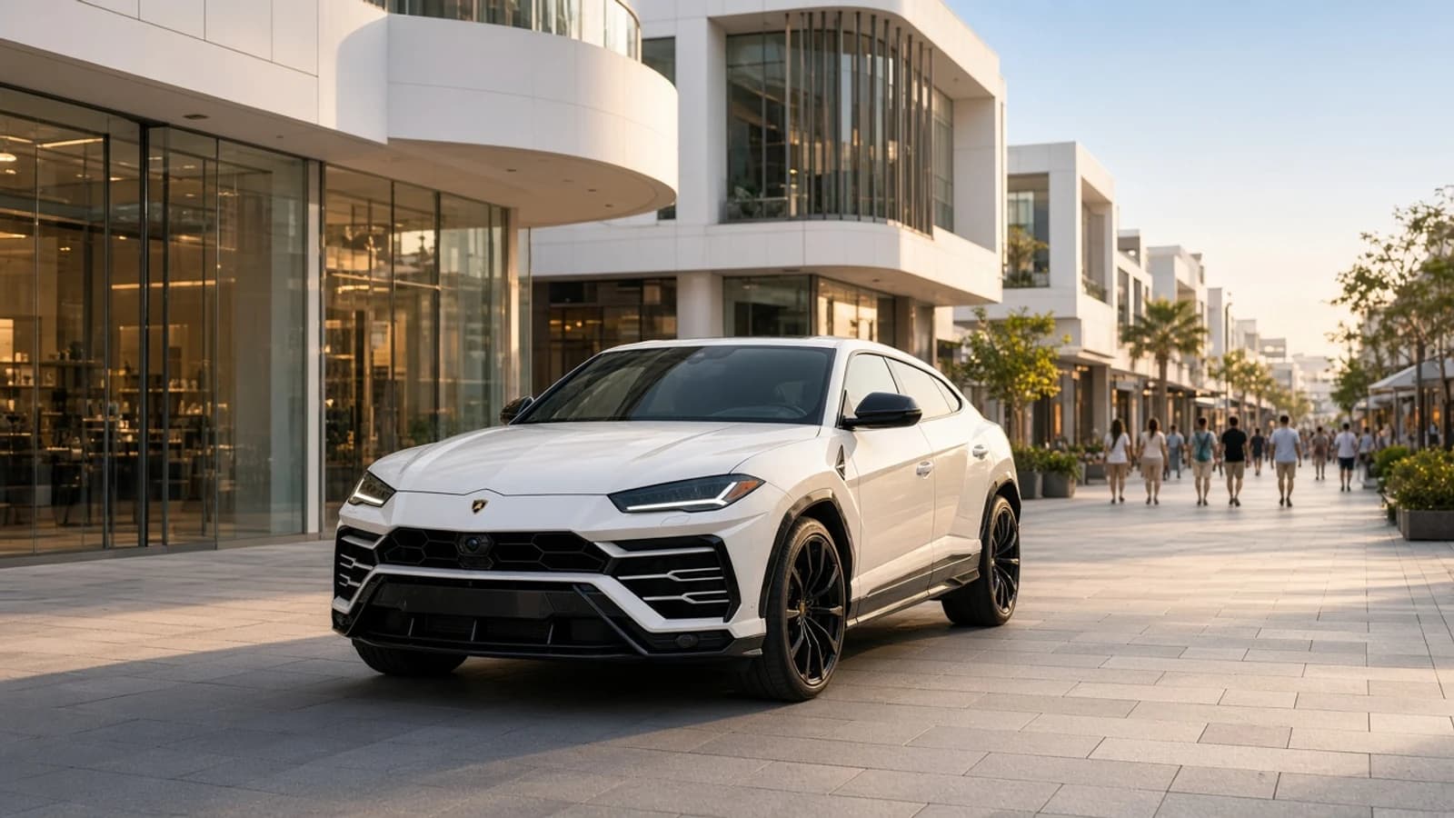 Best car to rent at City Walk Dubai hero with a Lamborghini Urus on the weekend retail boulevard at morning light