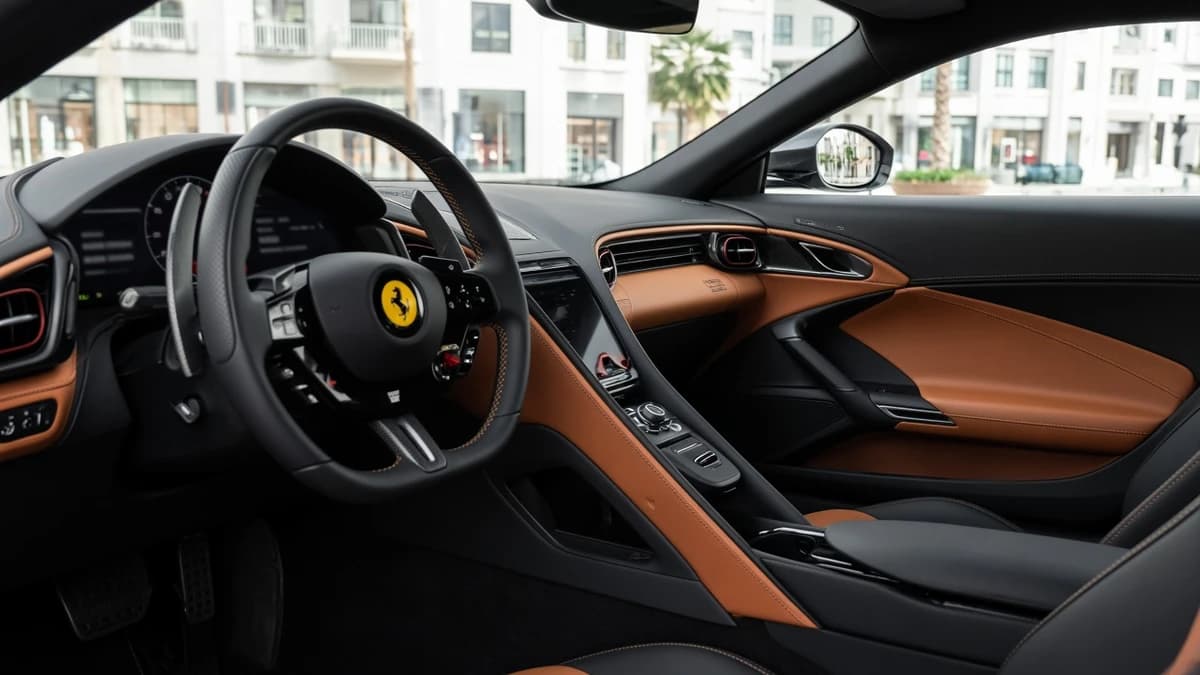 Ferrari Roma cockpit at City Walk Dubai for supercar rental City Walk daytime drives