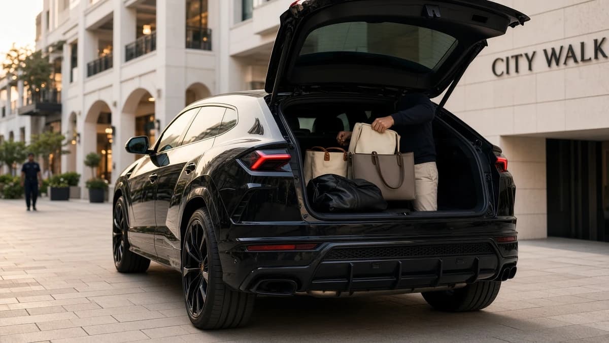 Luxury SUV City Walk drop-off with a Lamborghini Urus and shopping bags for car delivery City Walk