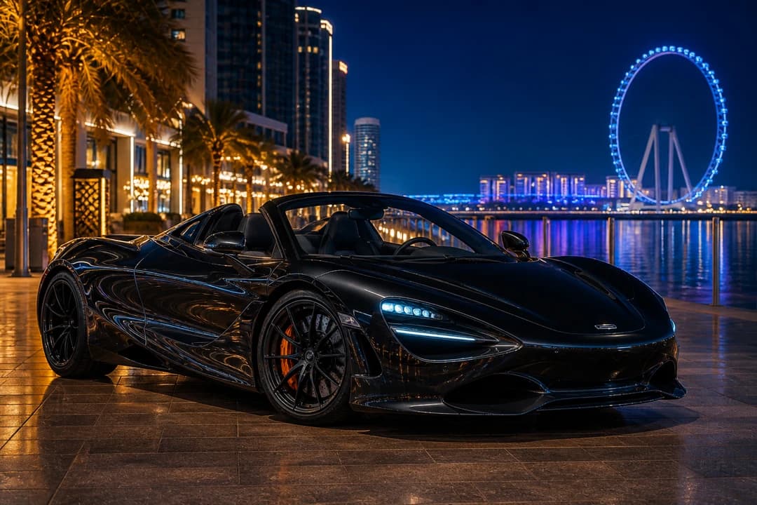 McLaren 750S Spider at JBR promenade blue hour for best convertible Dubai summer night theatre