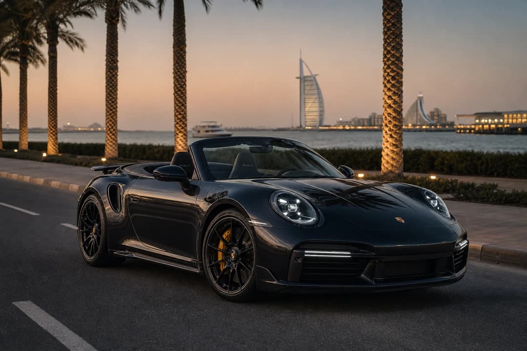 Porsche 911 Cabriolet on Jumeirah Beach Road at dusk for best convertible Dubai summer night coastal loops