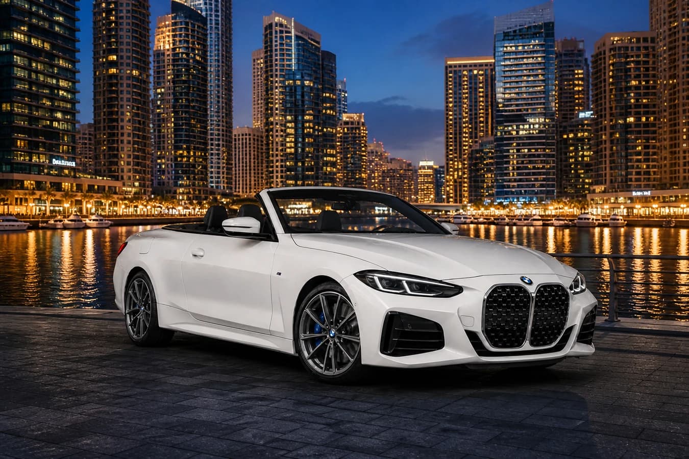 Best convertibles Dubai summer night hero with BMW 430i Convertible roof-down at Dubai Marina blue hour