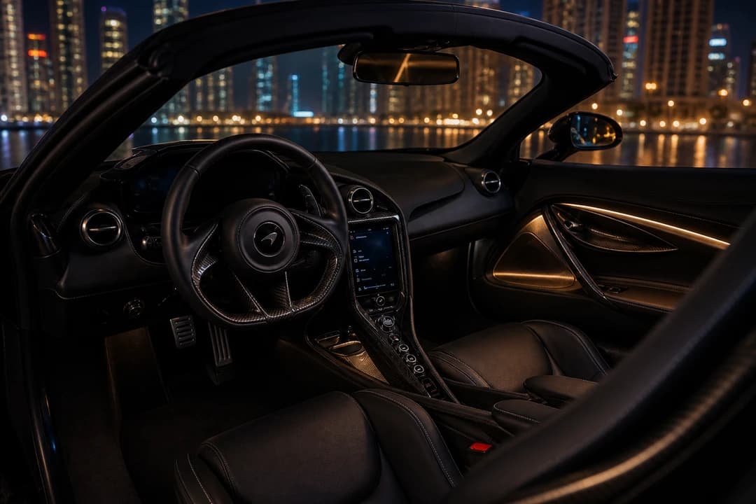 McLaren Spider cabin ambient light for supercar rental Dubai summer night open-top theatre