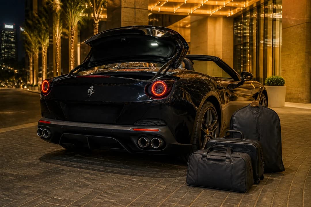 Soft bags beside a Ferrari soft-top convertible at a Dubai hotel driveway for summer night packing limits