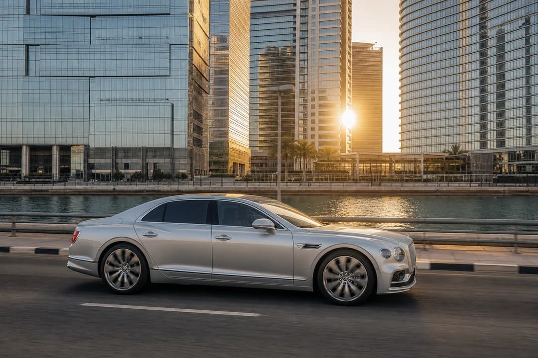 Bentley Flying Spur on Business Bay canal road for luxury SUV Business Bay and sedan commute plans