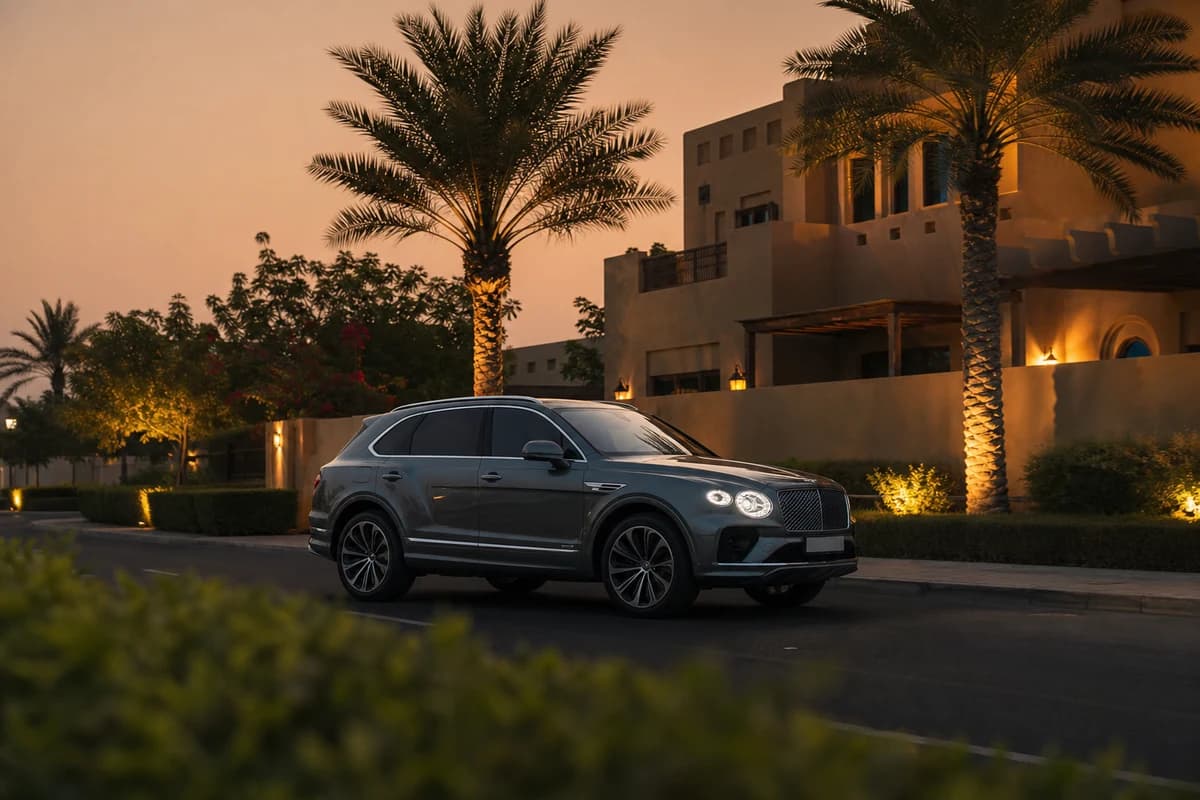 Bentley Bentayga on a landscaped Arabian Ranches community road at dusk for Dubai villa evening drives