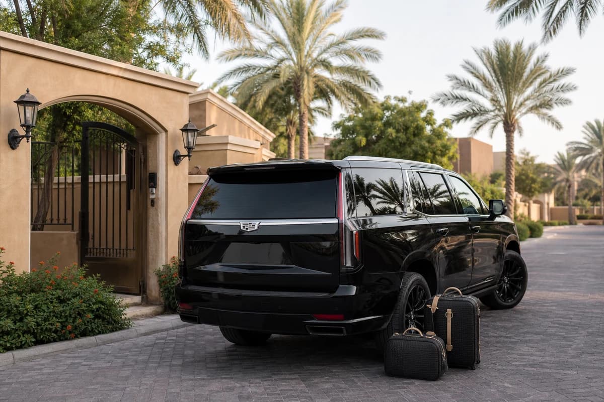 Cadillac Escalade at an Arabian Ranches villa gate for best family luxury cars and Dubai villa stays