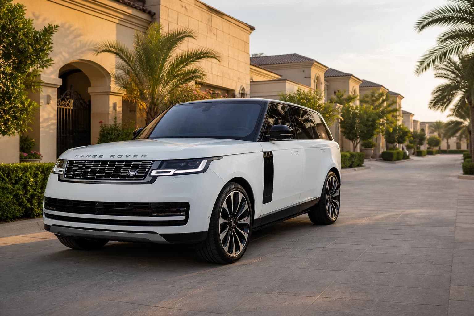 Luxury car rental Arabian Ranches Dubai hero with Range Rover Autobiography on a gated villa driveway at morning light