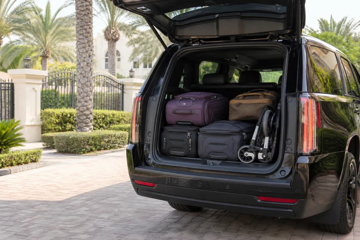 Open luxury SUV boot with soft cases and travel stroller for UAE road trip rental packing at a Dubai villa