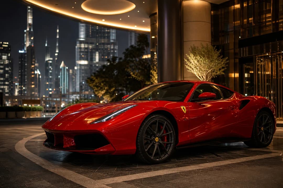 Red Ferrari coupe at a Downtown Dubai hotel porte-cochère after sunset for UAE road trip rental evening theatre