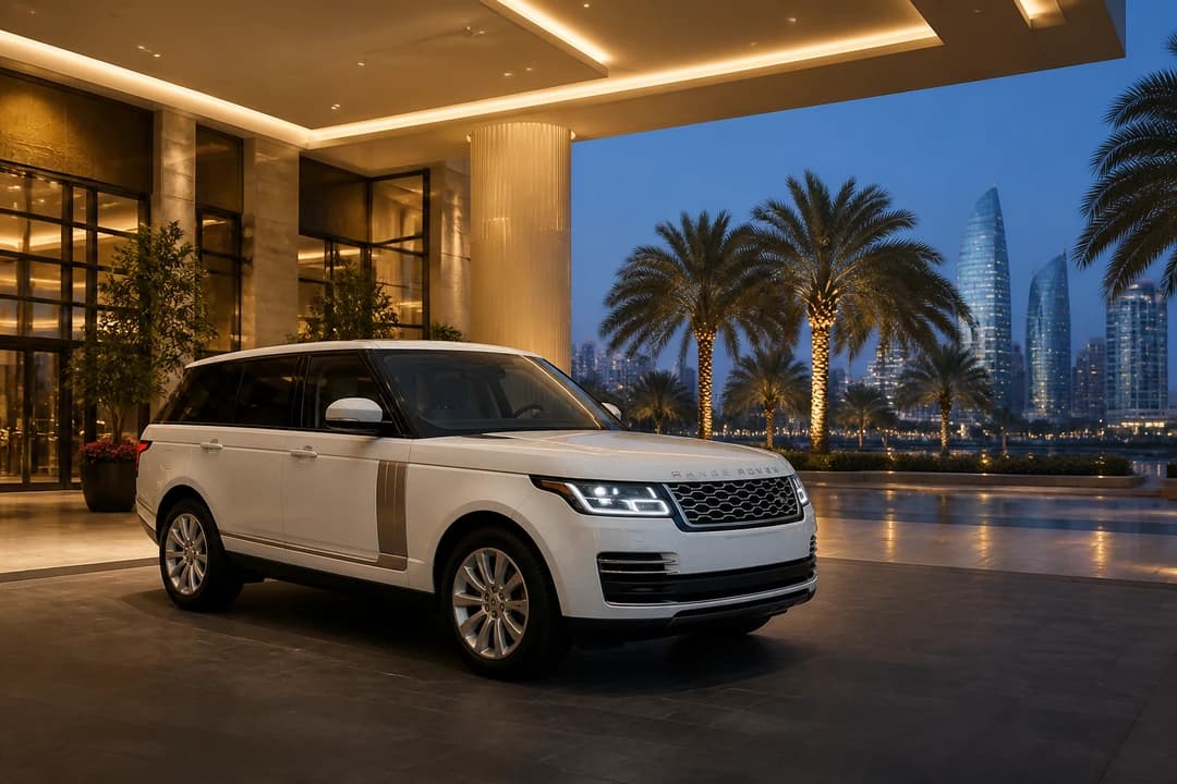 Luxury car rental Dubai hotel week: white luxury SUV at a Downtown forecourt for Dubai car delivery arrivals
