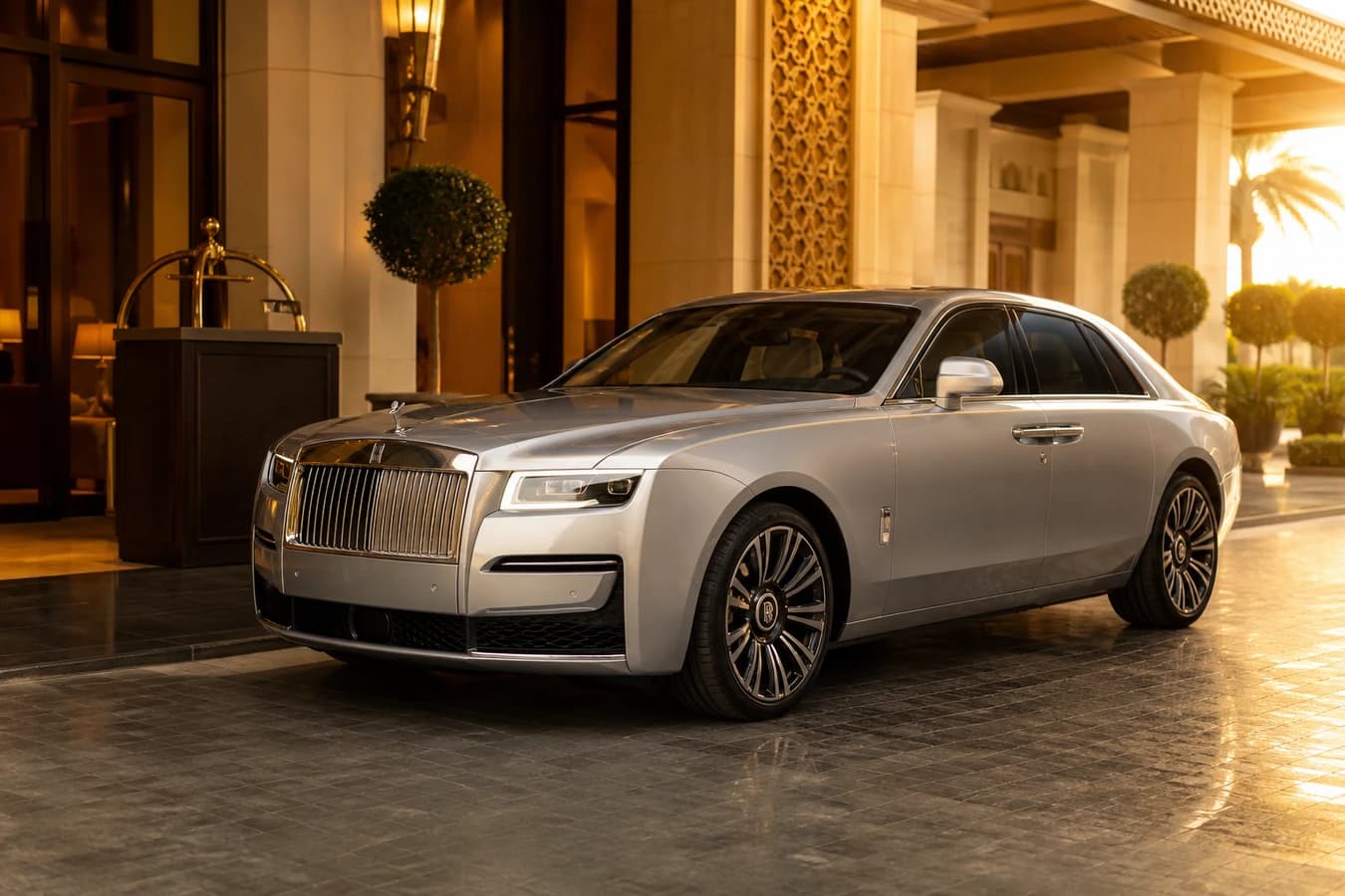 Best luxury car Dubai hotel stay: silver Rolls-Royce Ghost at a five-star Dubai porte-cochère in golden hour