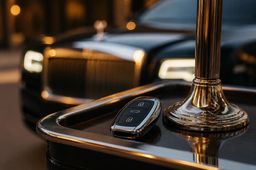 Luxury valet key fob and soft-focus grille for best luxury car Dubai hotel stay identity