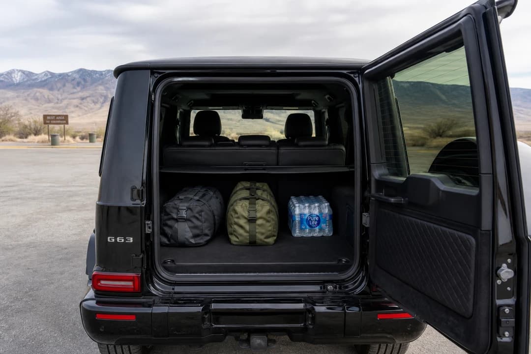 Mercedes-Benz G63 cargo for best cars to rent Dubai on a Hatta day with soft bags