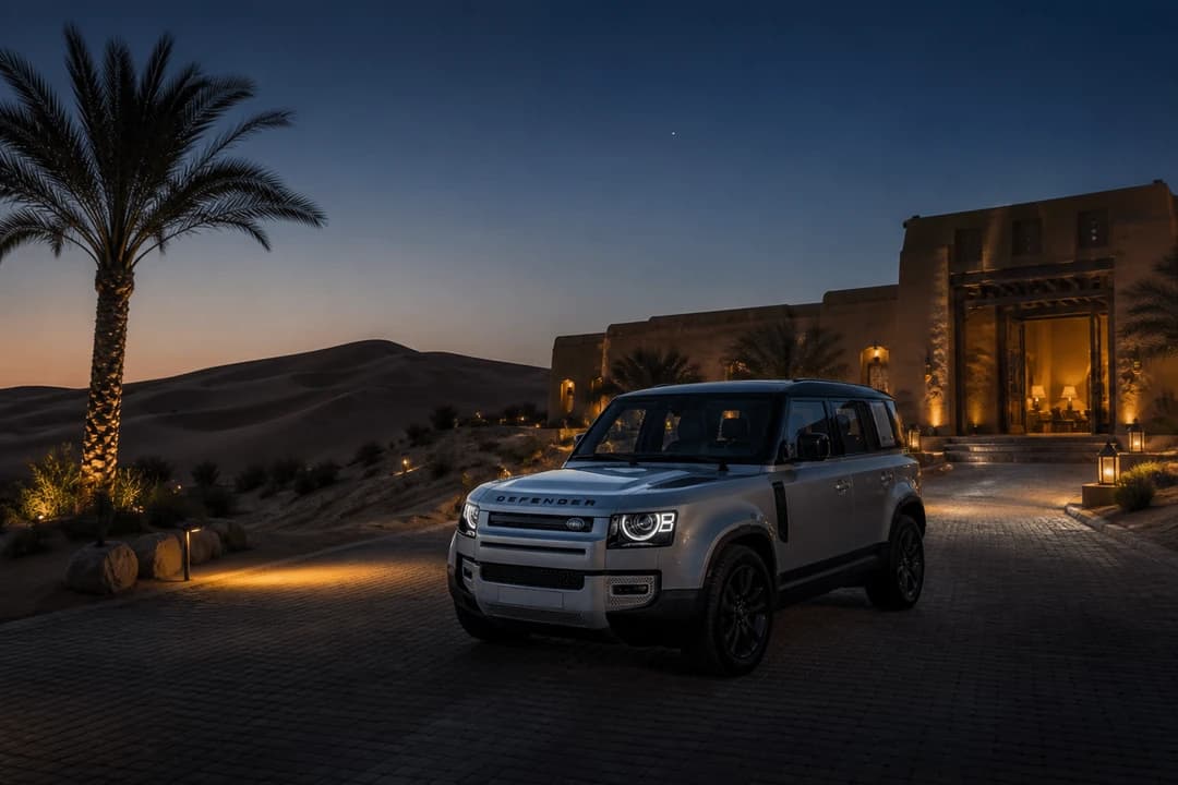 Land Rover Defender at a UAE desert resort entrance at blue hour for luxury car rental Dubai adventure arrivals