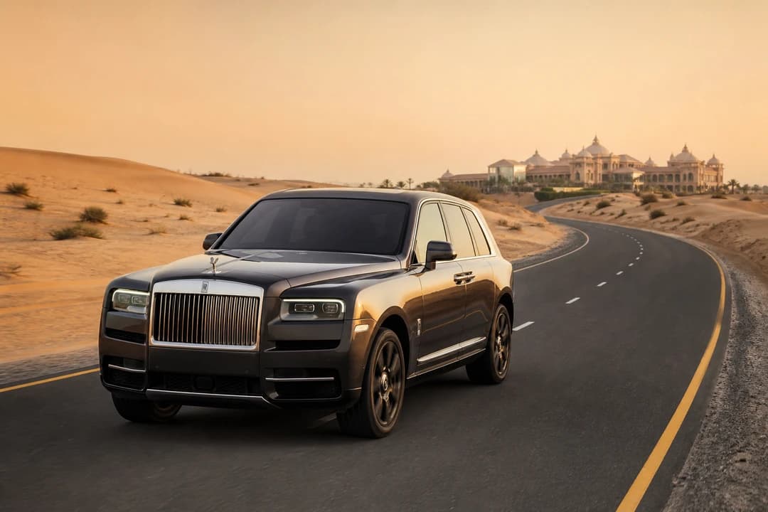 Rolls-Royce Cullinan on a sealed UAE desert highway toward a resort for UAE road trip rental composure