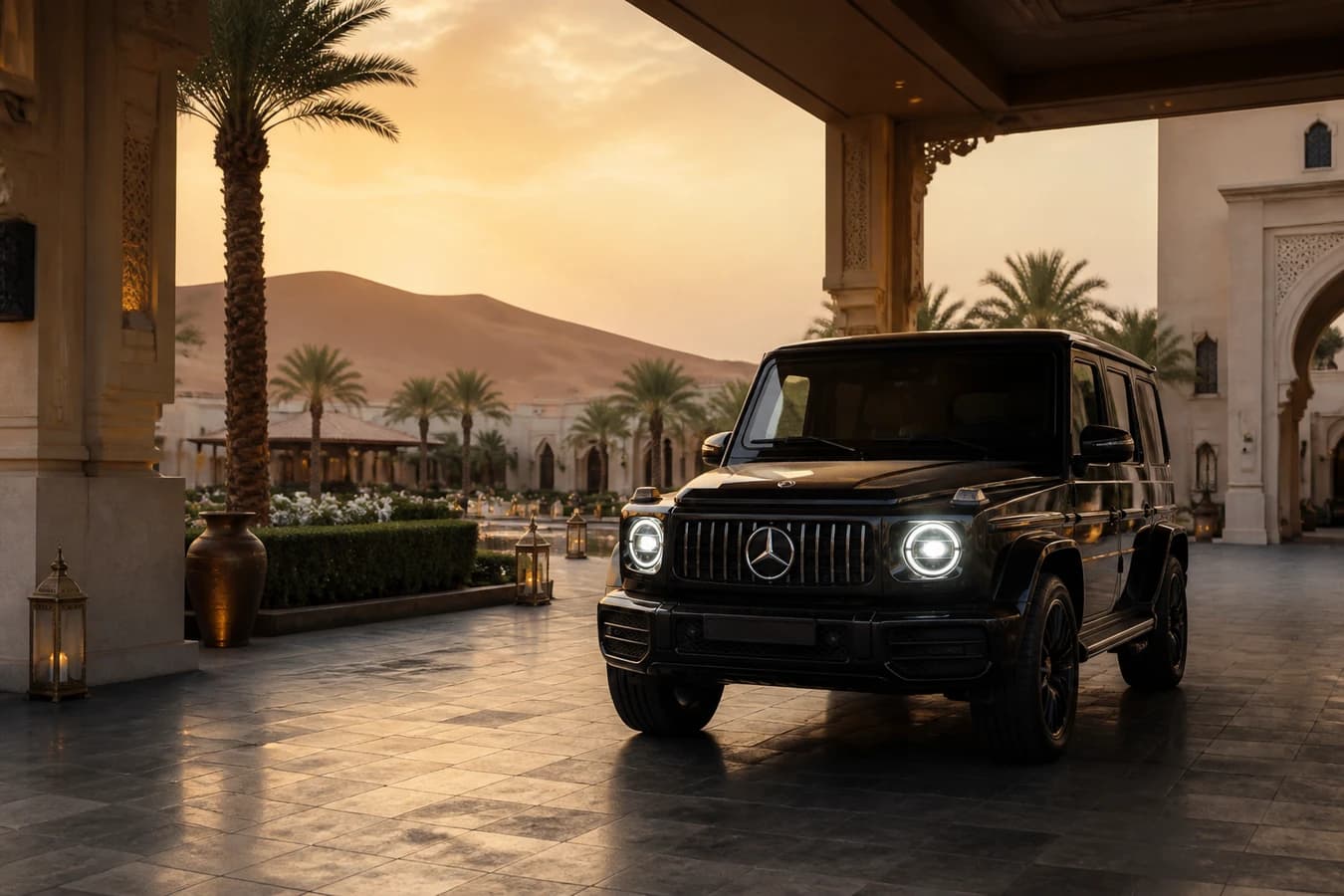 Luxury car desert resort UAE: Mercedes-Benz G-Class at a desert resort porte-cochère in golden hour light