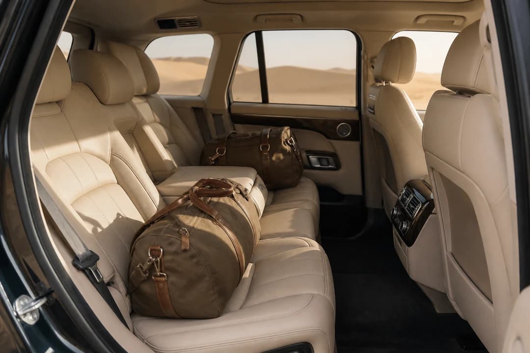 Luxury SUV rear cabin with soft leather and calm light for best cars to rent Dubai desert resort comfort