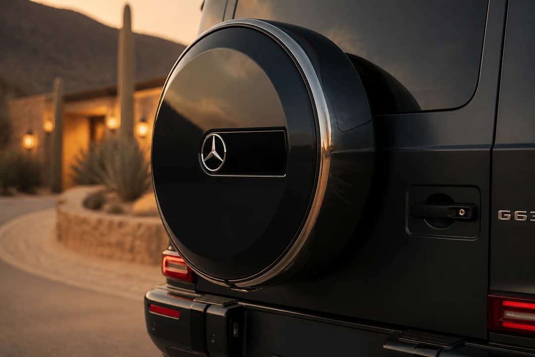 Mercedes-Benz G63 spare-wheel cover detail in warm desert evening light for luxury car desert resort UAE identity