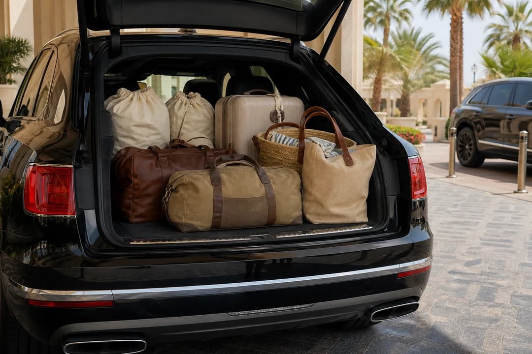 Luxury SUV boot packed with soft resort luggage before a Dubai car delivery desert stay