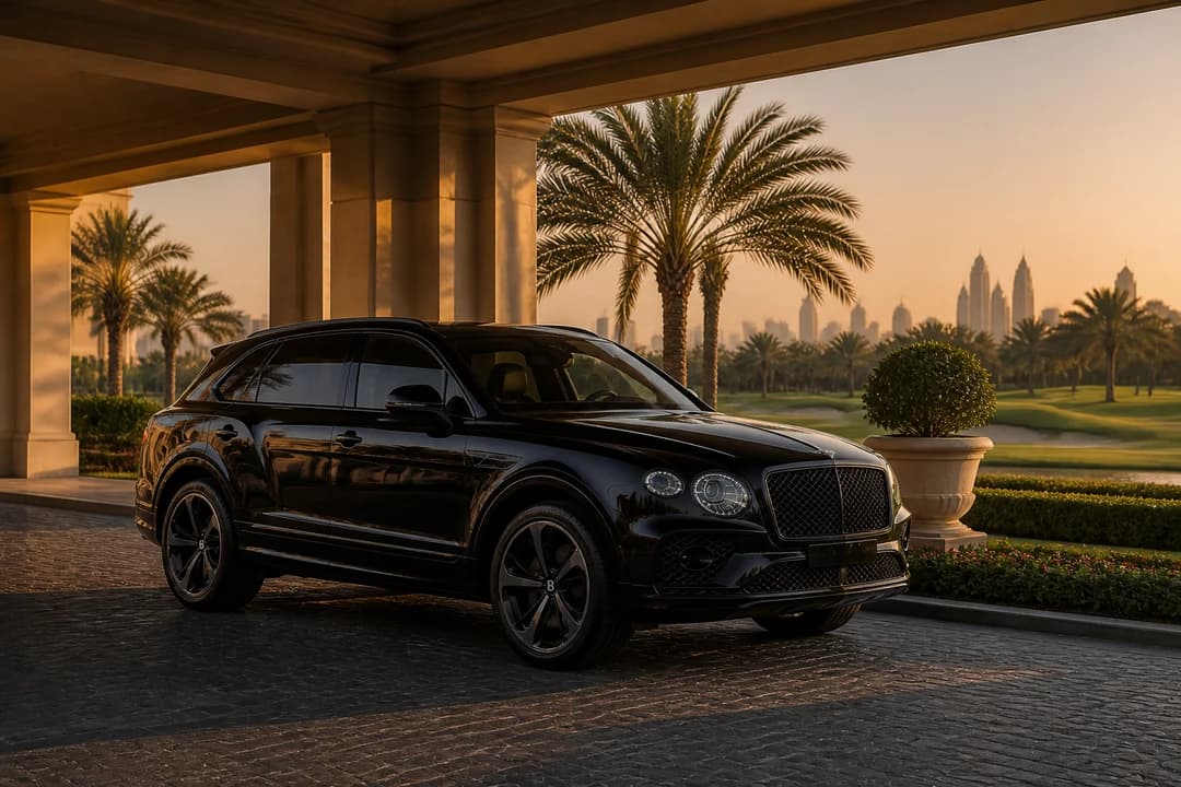 Bentley Bentayga at a Dubai golf club porte-cochere for Emirates Hills golf club visits