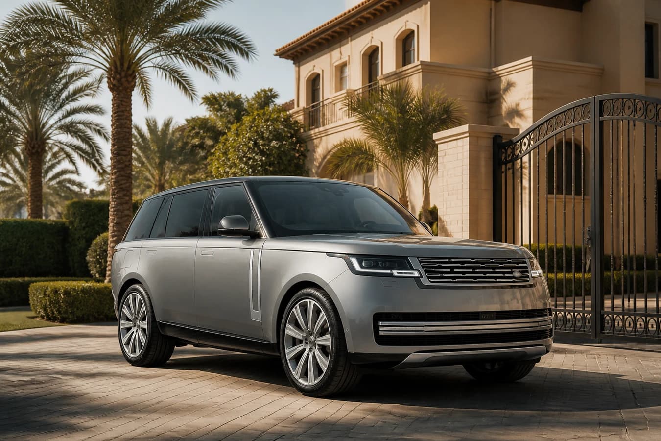 Best luxury SUVs Emirates Hills hero with Range Rover Autobiography on a gated villa driveway at morning light