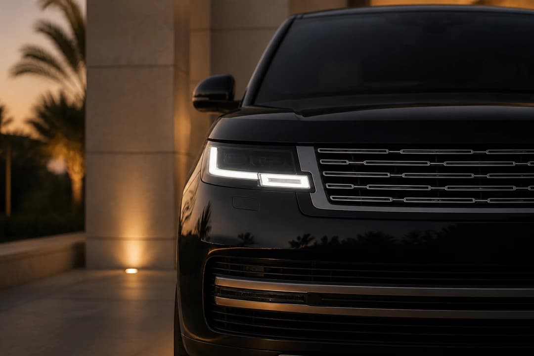 Range Rover grille detail against villa stone for best cars to rent Dubai in Emirates Hills
