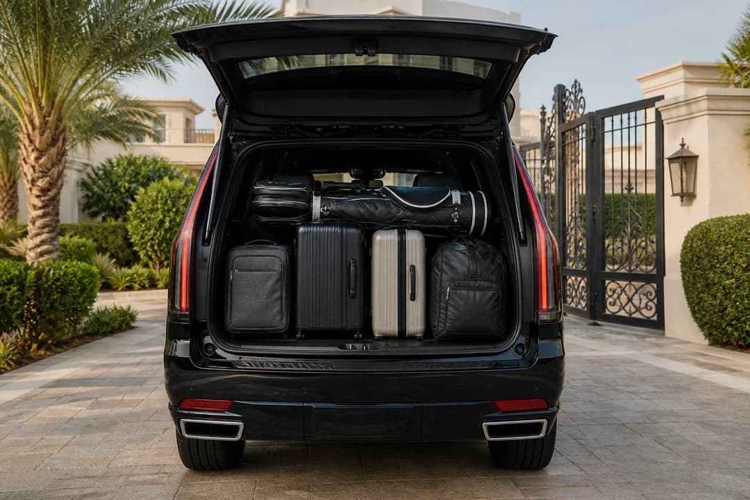 Luxury SUV boot with soft luggage and golf bag at an Emirates Hills villa gate for Dubai car delivery packing