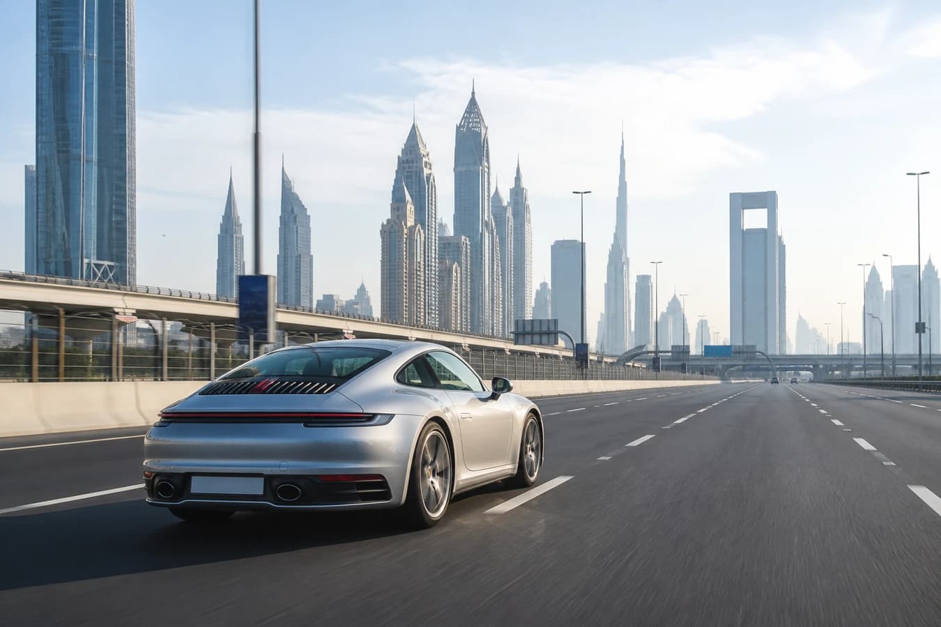 Best sports cars Dubai winter 2026: silver Porsche 911 coupe on Sheikh Zayed Road in cool morning light