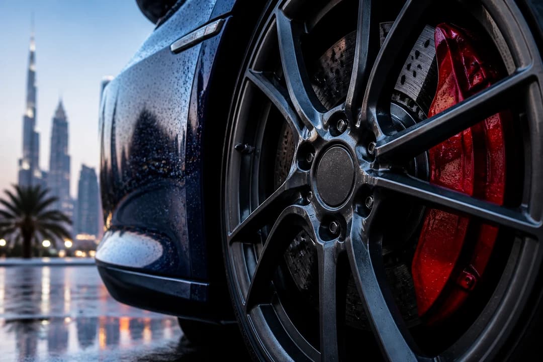 Sports car wheel and caliper detail for best sports cars Dubai winter 2026 identity